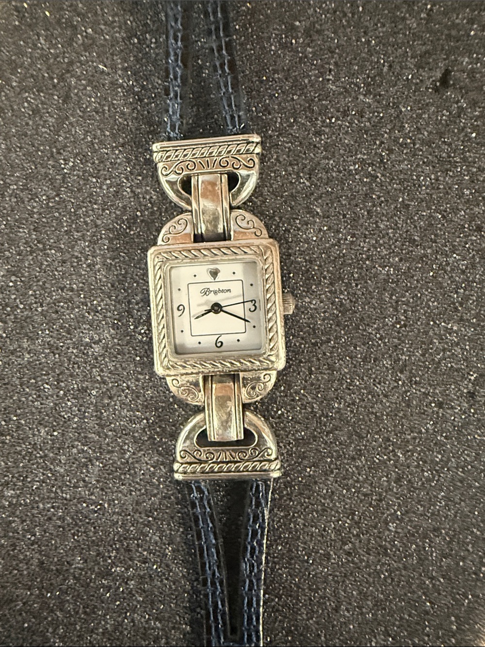 Brighton Valencia Silver-Tone Engraved Square Dial Watch with Black/Brown Strap
